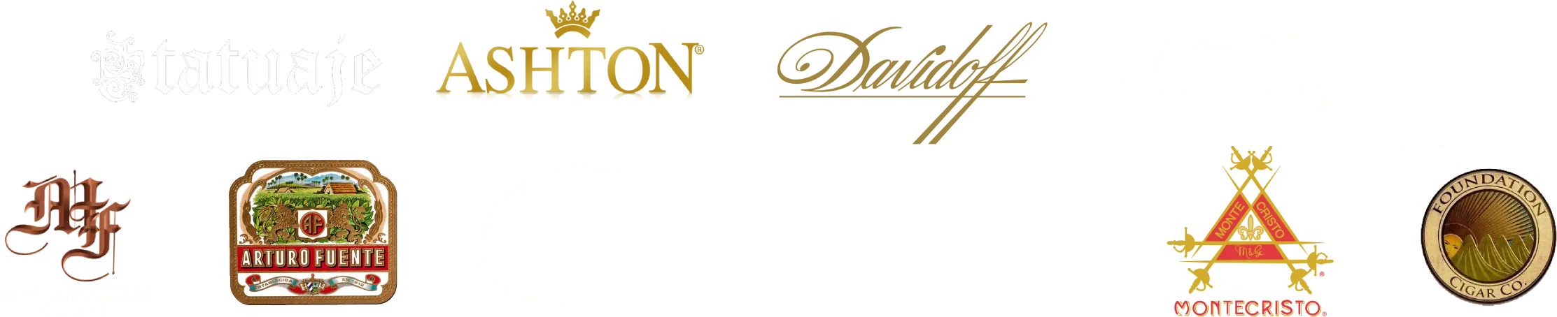 Premium cigar and accessory brands at Churchill's Fine Cigars Ahwatukee — including Davidoff, Arturo Fuente, Padrón, Ashton, Liga Privada, Tatuaje, Montecristo, S.T. Dupont, Xikar, Foundation, and My Father Cigars.