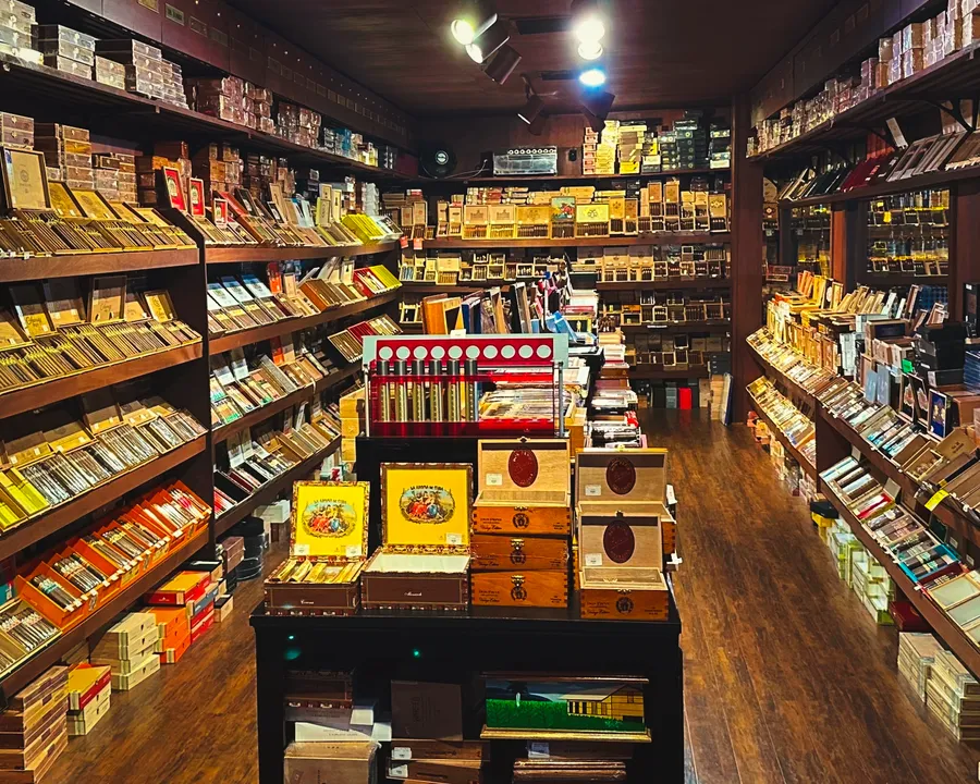 Churchill's Fine Cigars walk-in humidor stocked with premium cigars
